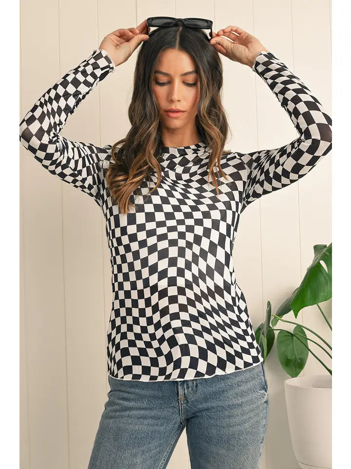 RORY MESH CHECKERED PRINT TOP