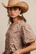 FLORAL PATTERN TEXTURE SHORT BALLOON SLEEVES RUFFLED V-NECK TOP