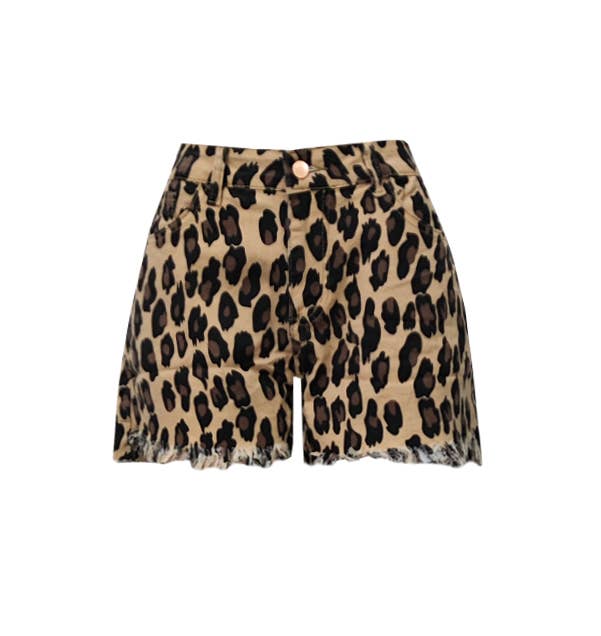 LEOPARD PRINT FRAYED HEM DENIM SHORTS