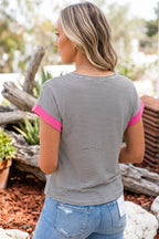 STRIPE CONTRAST TRIM ROUND NECK TEE