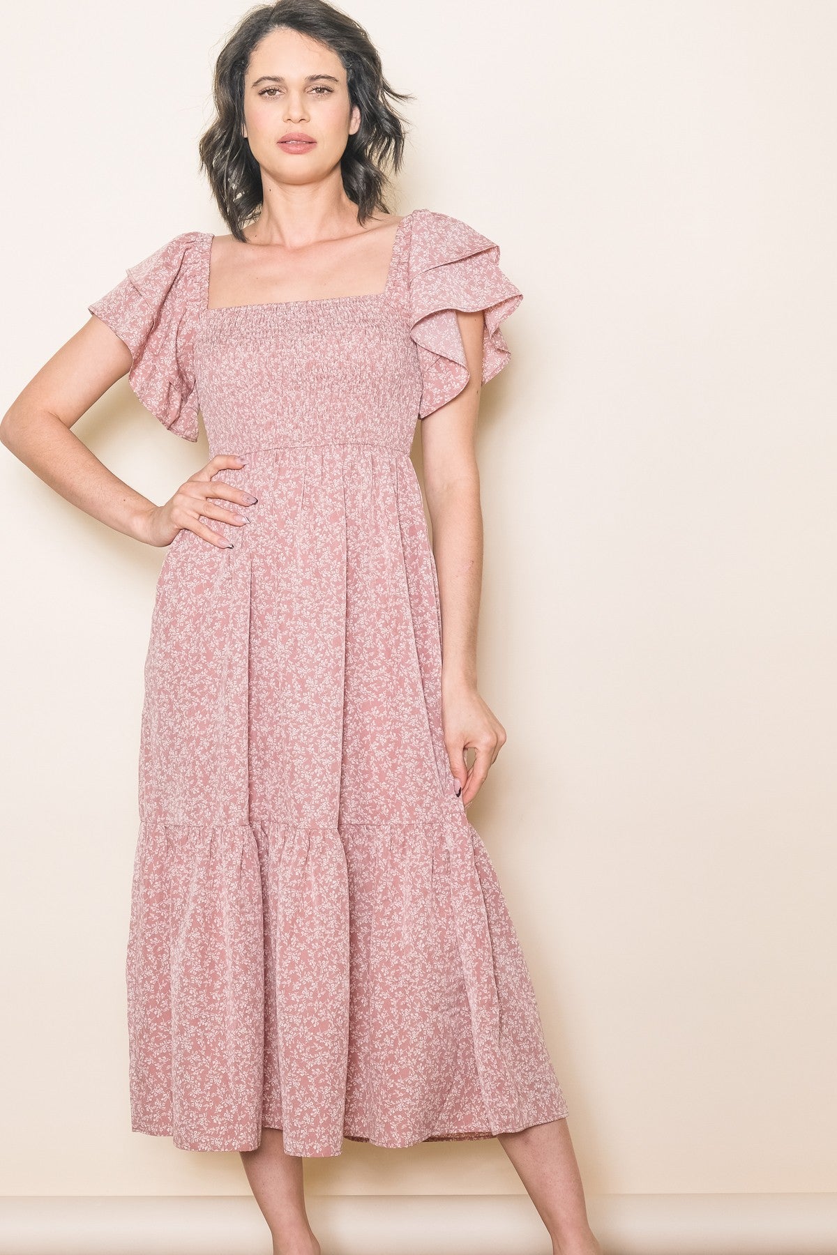 MAUVE ON OFF THE SHOULDER FLUTTER SLEEVE FLORAL MAXI DRESS