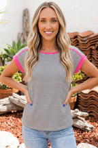 STRIPE CONTRAST TRIM ROUND NECK TEE