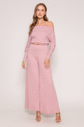 OFF THE SHOULDER LONG SLEEVE TOP WITH MATCHING PLEATED WIDE LEG PANTS
