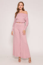 OFF THE SHOULDER LONG SLEEVE TOP WITH MATCHING PLEATED WIDE LEG PANTS