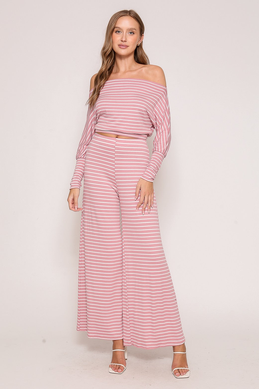 OFF THE SHOULDER LONG SLEEVE TOP WITH MATCHING PLEATED WIDE LEG PANTS