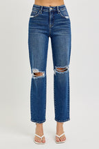 RISEN TUMMY CONTROL HIGH RISE CROP GIRLFRIEND WITH DISTRESSING