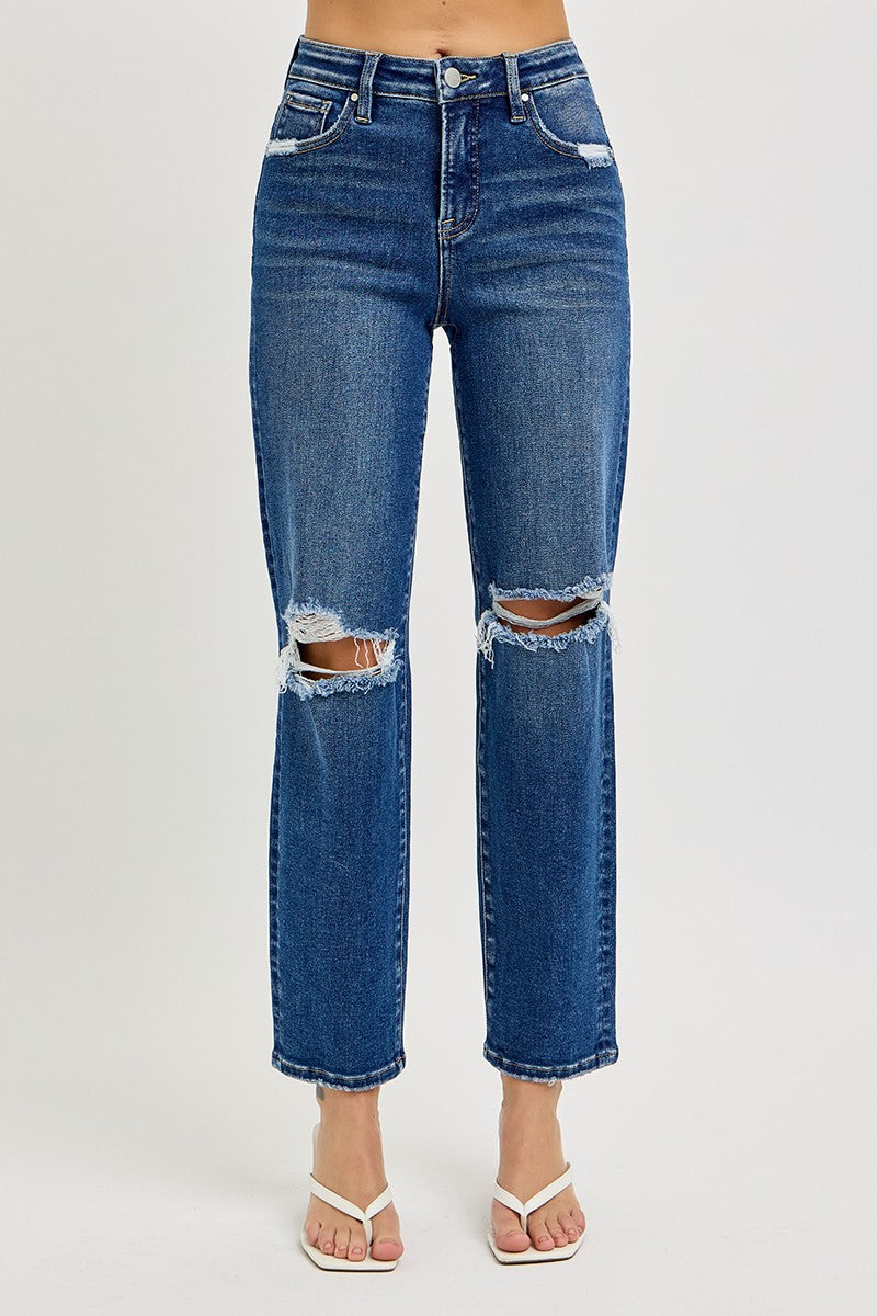 RISEN TUMMY CONTROL HIGH RISE CROP GIRLFRIEND WITH DISTRESSING