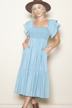VINTAGE WASHED CHAMBRAY DENIM FLUTTER SLEEVE DRESS