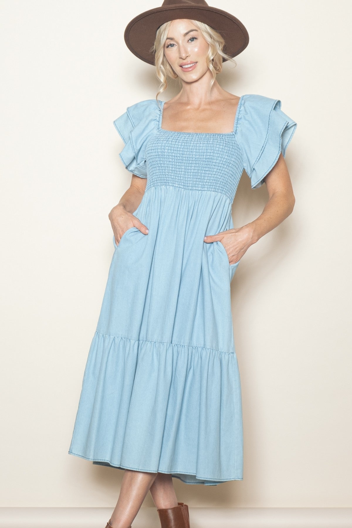 VINTAGE WASHED CHAMBRAY DENIM FLUTTER SLEEVE DRESS