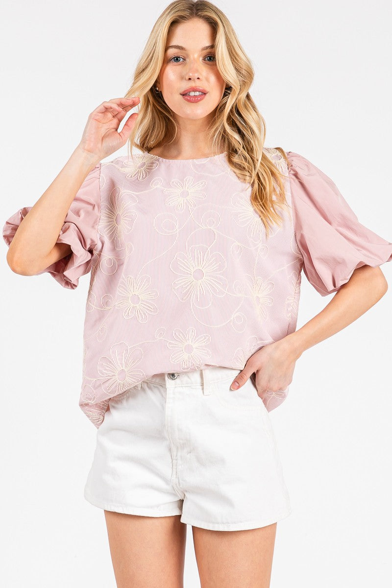 FLORAL EMBROIDERED PUFF SLEEVE BLOUSE