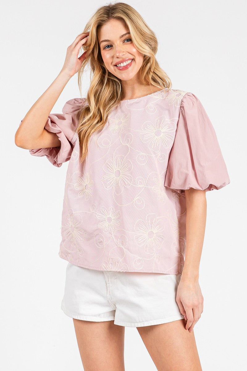 FLORAL EMBROIDERED PUFF SLEEVE BLOUSE