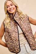 LEOPARD PRINT PIPING DETAIL QUILTED VEST WITH POCKETS