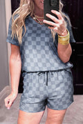 CHECKERED V-NECK TEE DRAWSTRING SHORTS LOUNGE SET