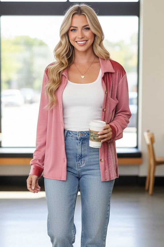 ROSE VELVET CONTRAST STAIN BUTTON UP