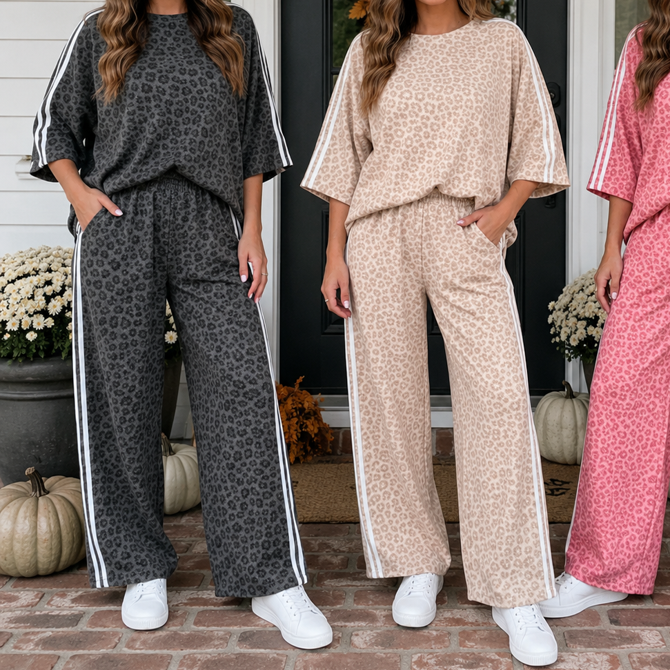 LEOPARD VARSITY STRIPE PANT SET