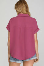 SHE SKY DROP SHOULDER COLLARED WOVEN TOP