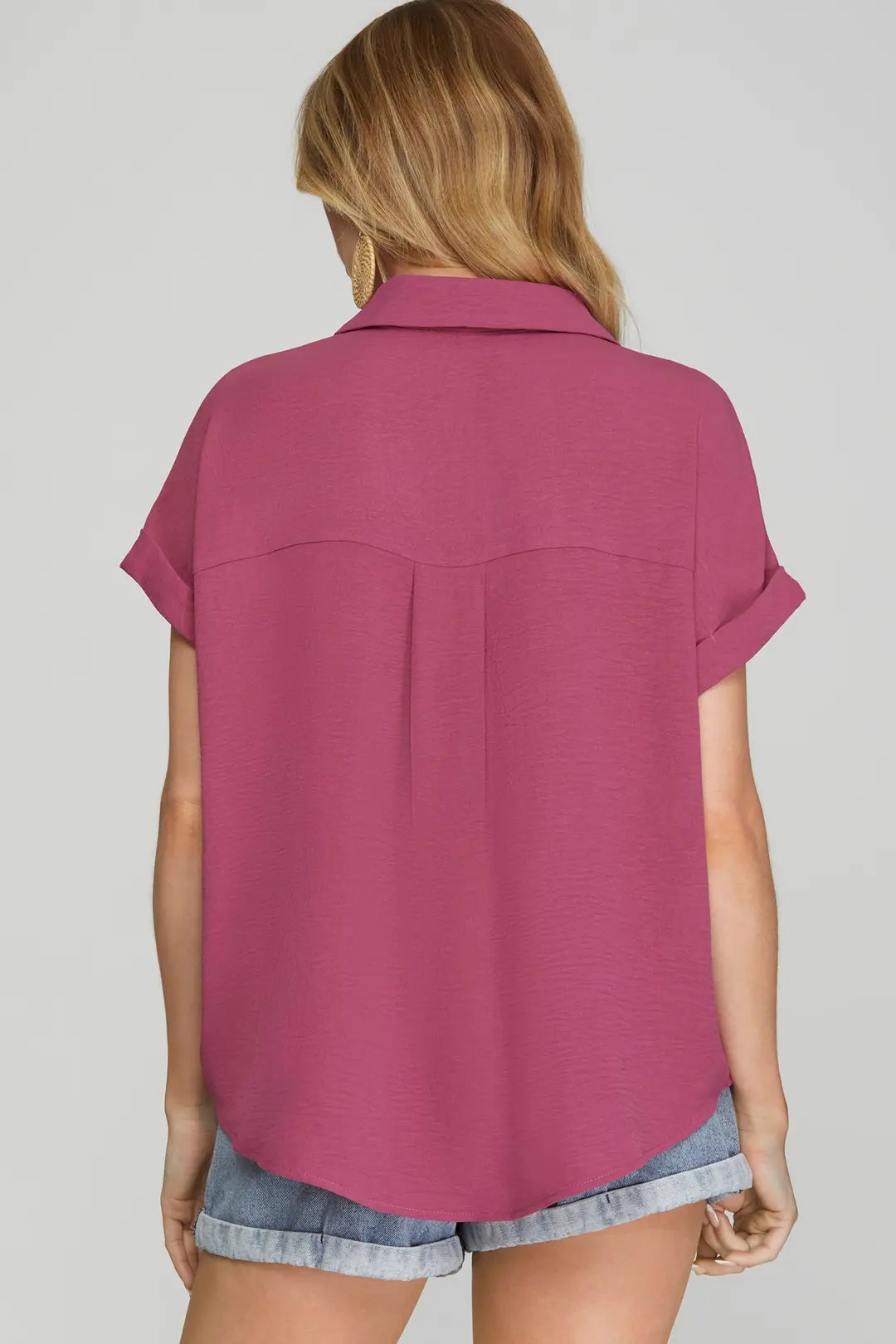 SHE SKY DROP SHOULDER COLLARED WOVEN TOP