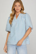 SHE SKY BUBBLE SLEEVE WOVEN TOP