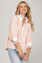 SHE SKY 3/4 SLEEVE HALF ZIP STRIPED TOP