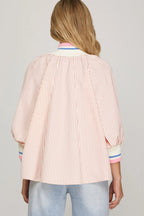 SHE SKY 3/4 SLEEVE HALF ZIP STRIPED TOP