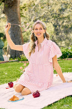 STRIPED FLUTTER SLEEVE BABYDOLL DRESS