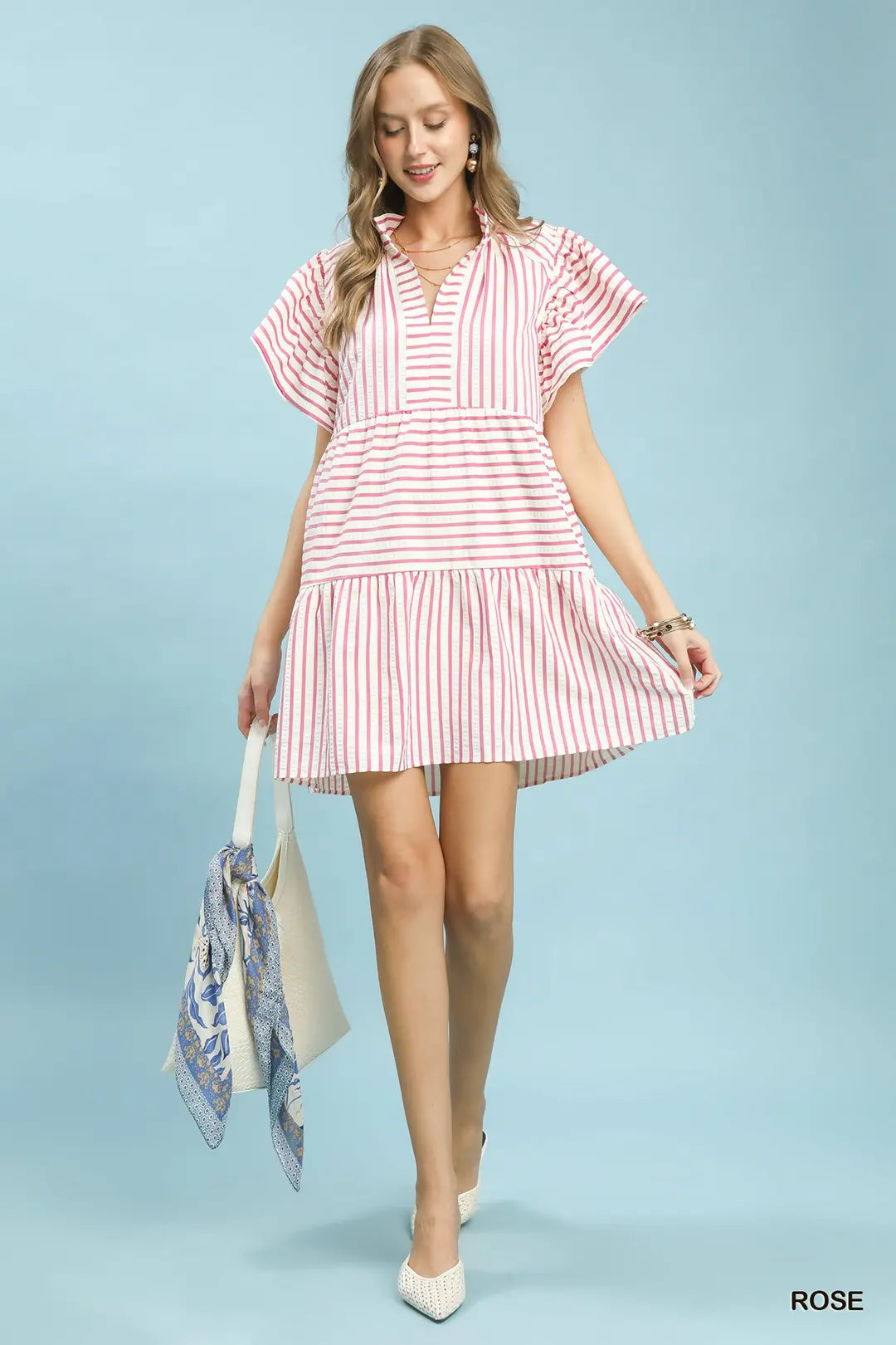 STRIPED FLUTTER SLEEVE BABYDOLL DRESS