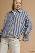 MIXED STRIPE BUTTON DOWN WITH SCALLOPED EDGES