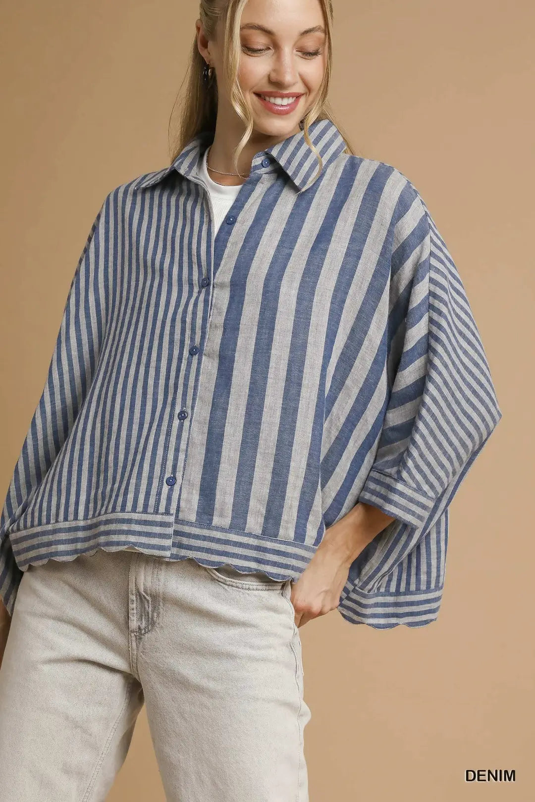 MIXED STRIPE BUTTON DOWN WITH SCALLOPED EDGES