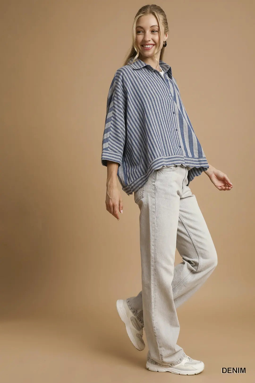 MIXED STRIPE BUTTON DOWN WITH SCALLOPED EDGES