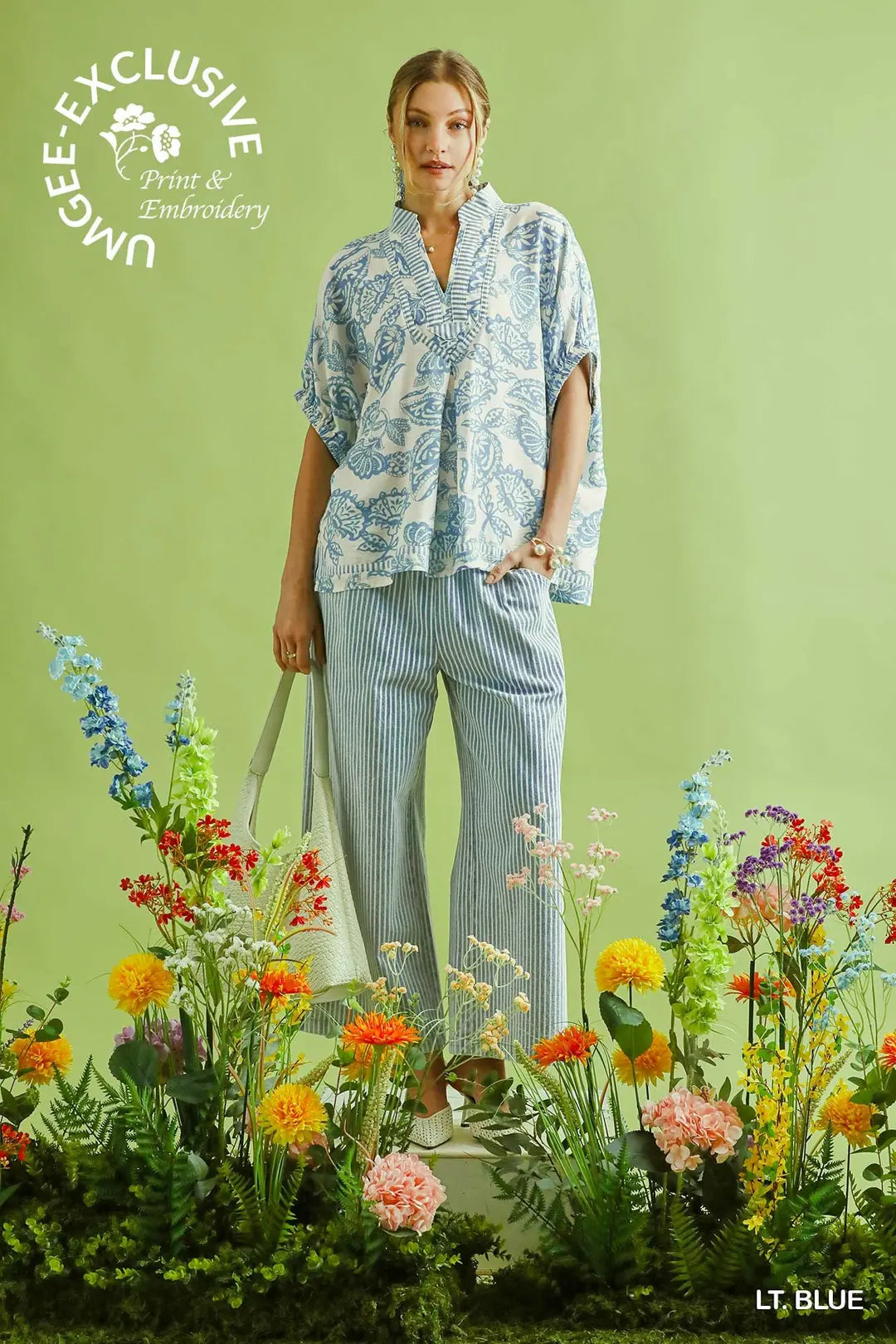 UMGEE BOTANICAL PRINT MIXED TRIM TUNIC TOP