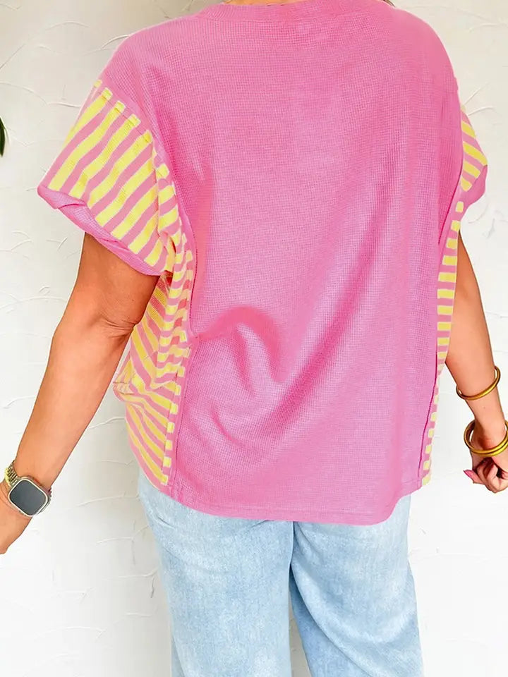 PINK WAFFLE CONTRAST LOOSE FIT TOP