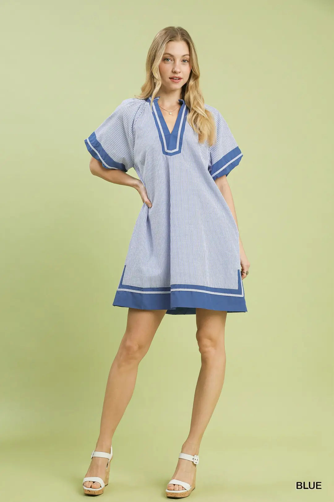 BLUE AND WHITE STRIPED MIXED V-NECK MINI DRESS