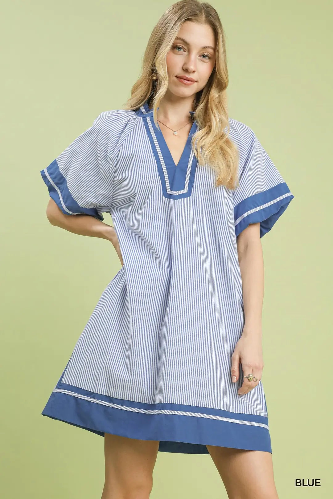 BLUE AND WHITE STRIPED MIXED V-NECK MINI DRESS