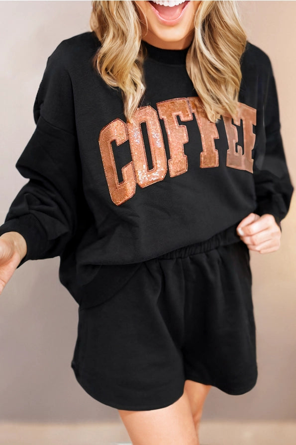 SEQUINED COFFEE PRINT LOOSE FIT SWEATSHIRT AND SHORT SET