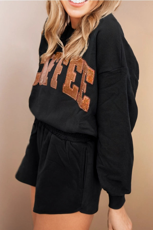 SEQUINED COFFEE PRINT LOOSE FIT SWEATSHIRT AND SHORT SET