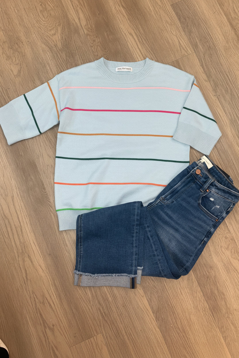 BLUE COLORBLOCK STRIPED SWEATER