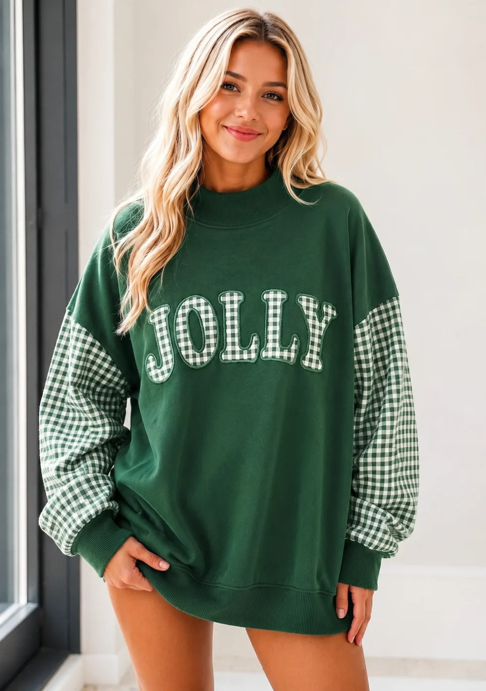 JOLLY GREEN AND WHITE GINGHAM OVERSIZED MOCK NECK PULLOVER