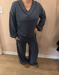TWO TONED CORD RIB CONTRAST STITCHING V-NECK TOP AND PANT SET