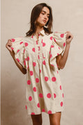 DOT PRINT WOVEN RUFFLED SLEEVES BUTTON UP DRESS