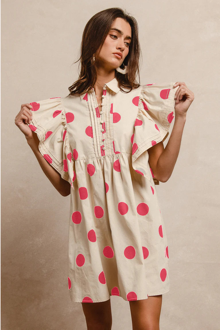 DOT PRINT WOVEN RUFFLED SLEEVES BUTTON UP DRESS