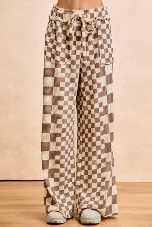 CHECKERED PRINT WAFFLE WIDE LEG PANT