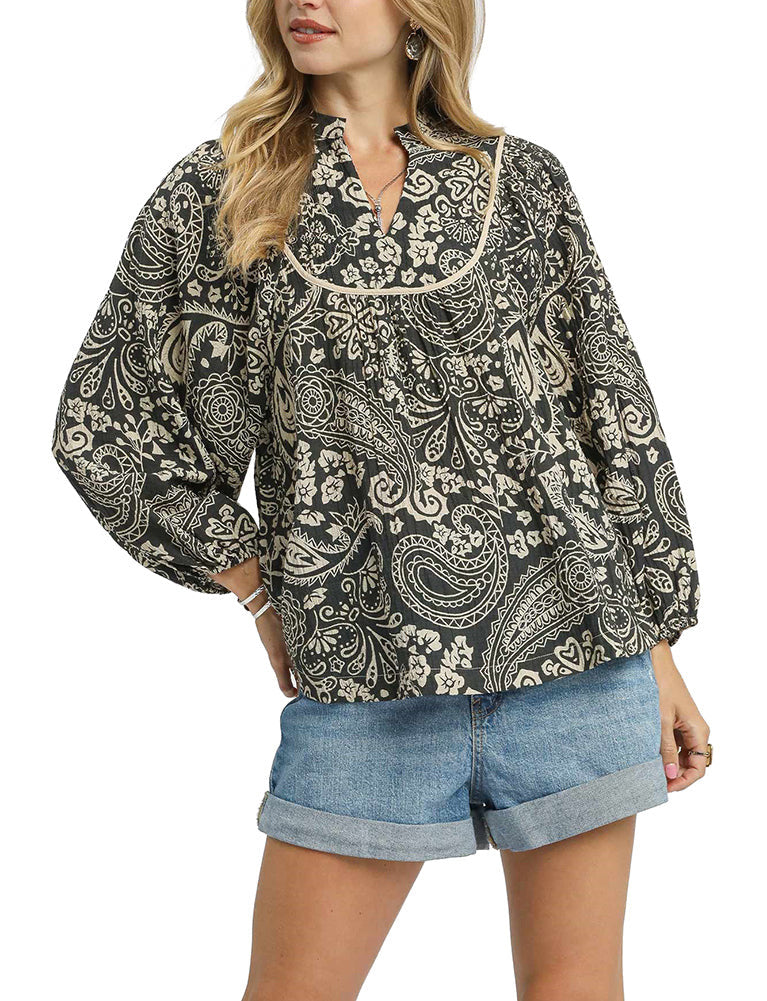 UMGEE BLACK AND CREAM PAISLEY 3/4 SLEEVE