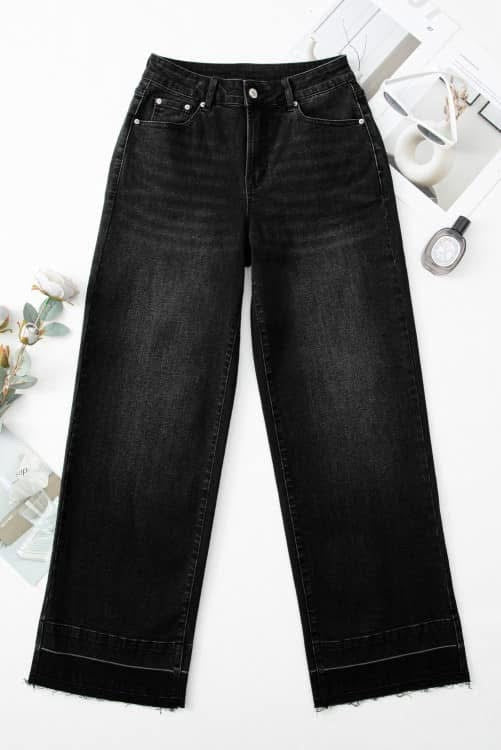 BLACK DENIM RAW HEM LOOSE JEANS