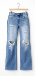 MIDRISE DISTRESSED STRAIGHT LEG JEANS
