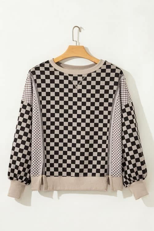 KHAKI MIXED CHECKERED TOP