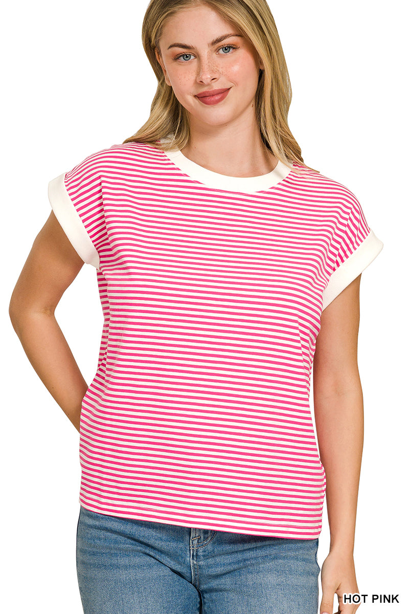 STRIPE CONTRAST TRIM RIB BANDED TOP