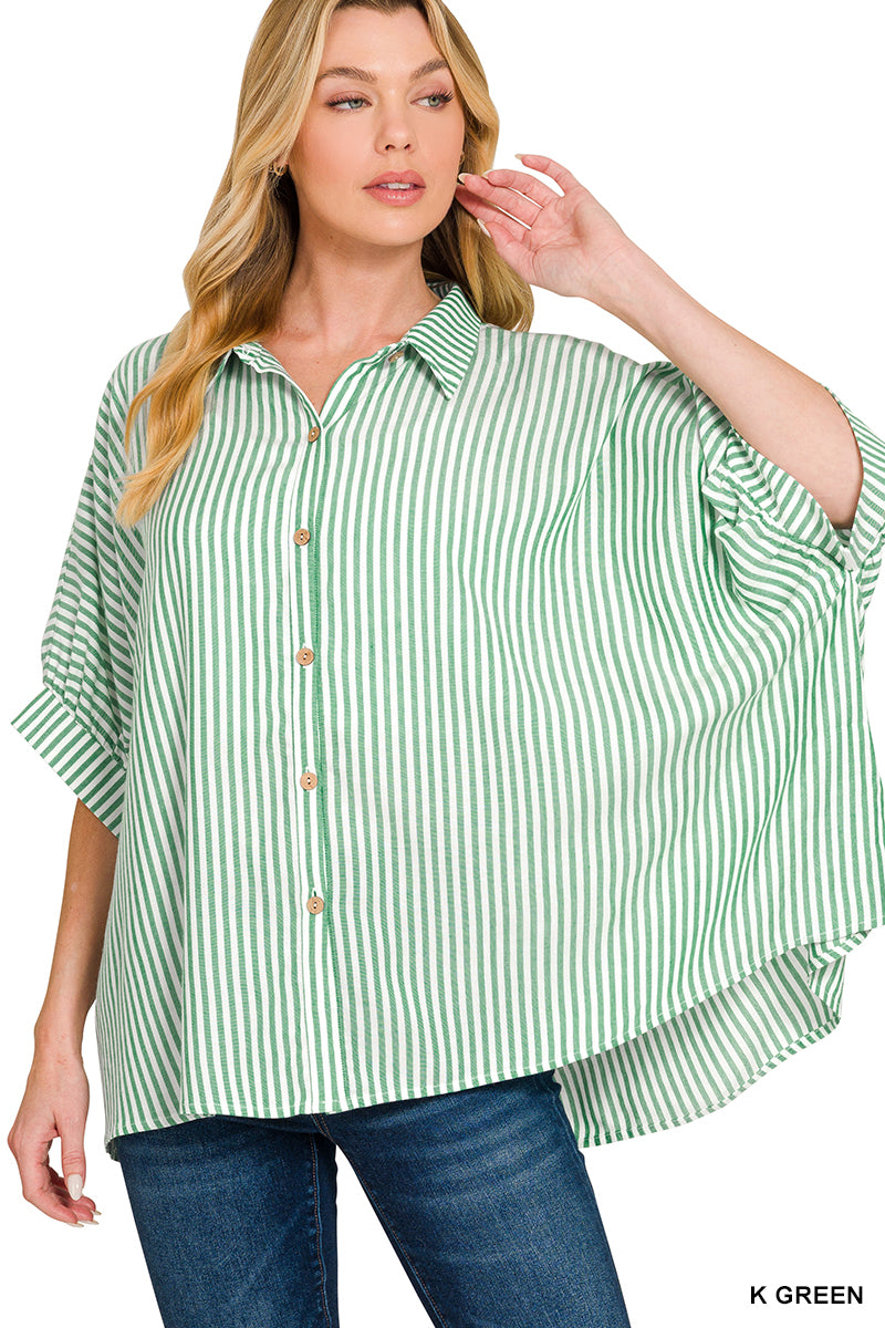 WOVEN STRIPED BUTTON-DOWN BOXY TOP