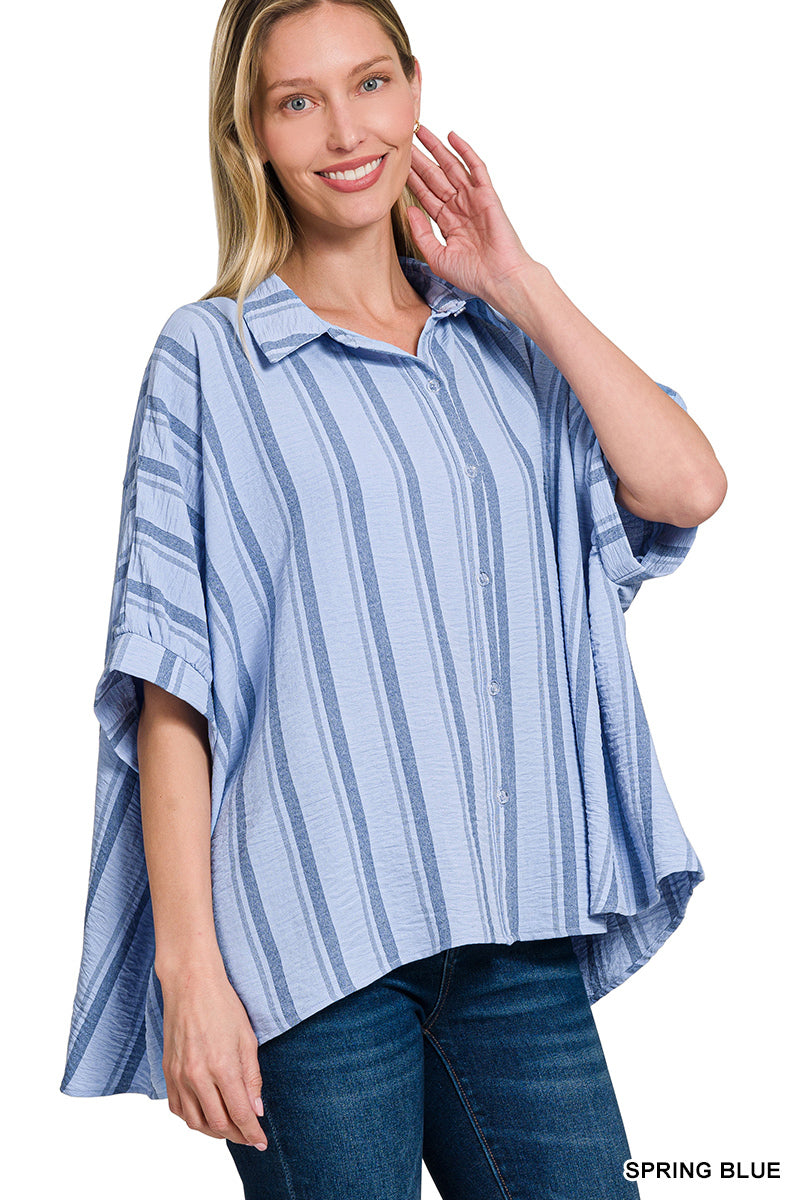WOVEN STRIPED BUTTON-DOWN BOXY TOP