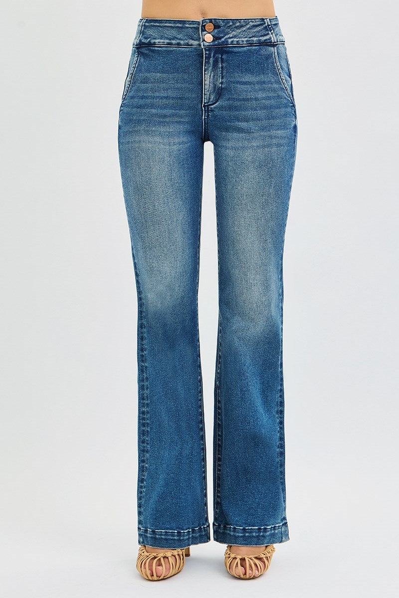 RISEN TUMMY CONTROL HIGH RISE BOOTCUT LEG DOUBLE BUTTON-DOWN