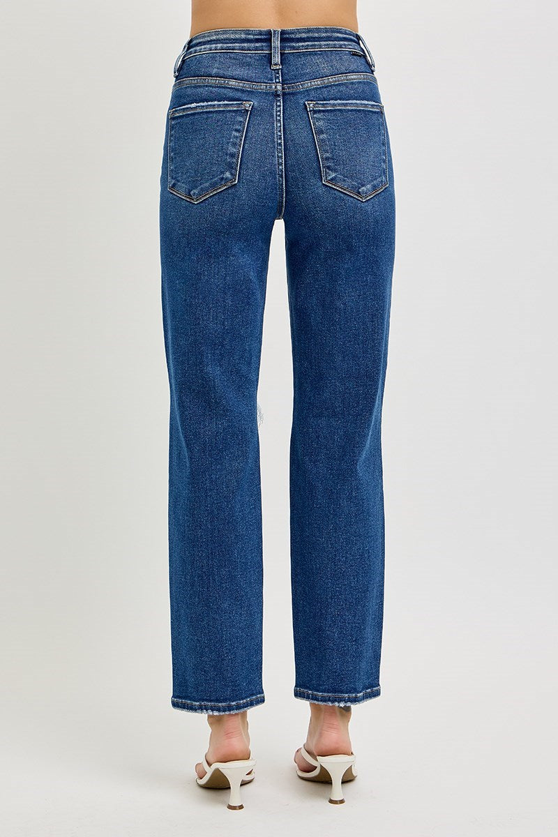 RISEN TUMMY CONTROL HIGH RISE CROP GIRLFRIEND WITH DISTRESSING